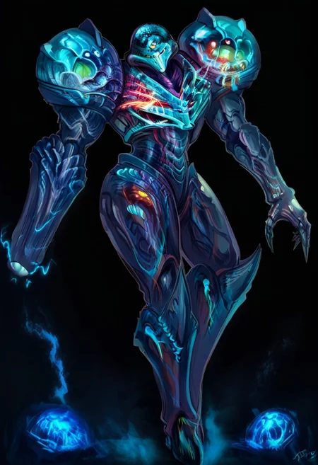 masterpiece, newest, best quality, amazing quality, (cartoon style), looking at viewer,  side by side, d4rks4musreal and  dark samus,  ass-to-ass, huge ass BREAK d4rks4musreal, 1girl solo, weapon, monster, glowing, alien, skull, no humans, power suit (metroid), claws BREAK  claws (dark samus, DarkSamusXL, phazon suit)
