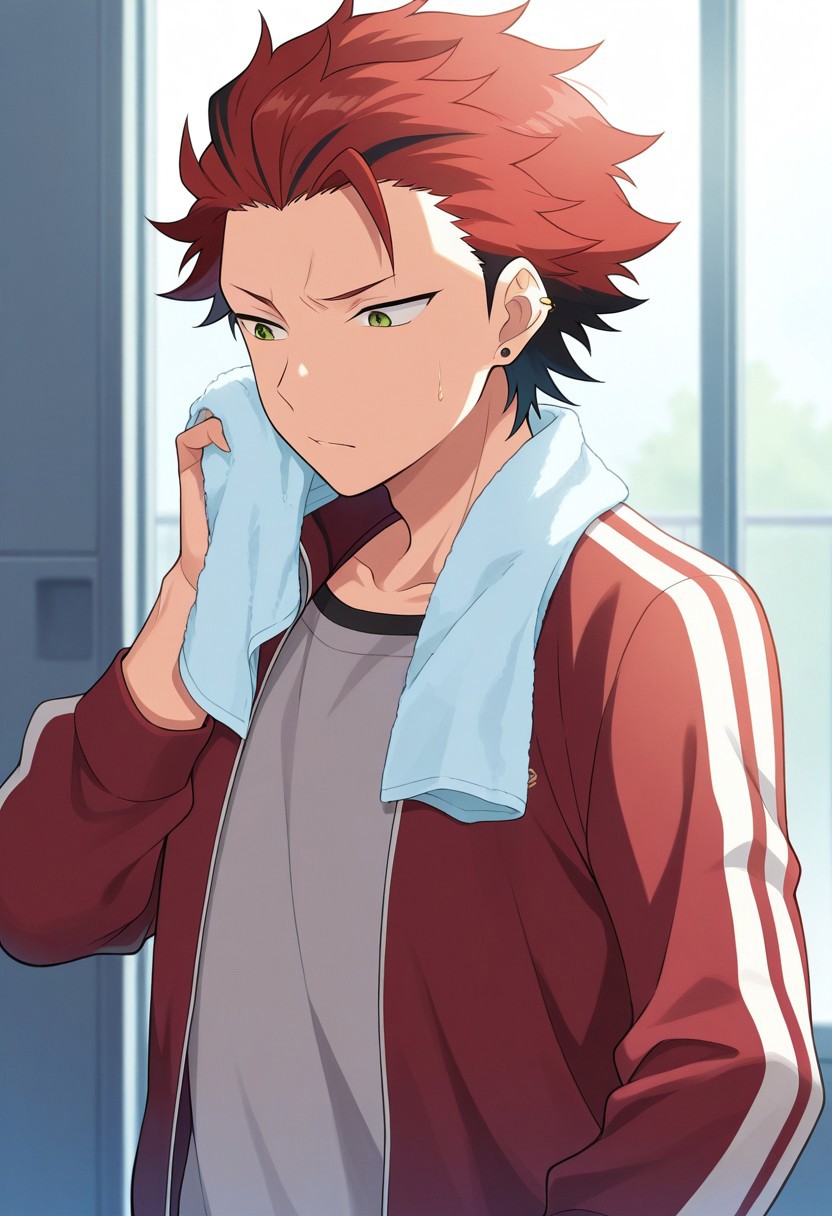 masterpiece,best quality,amazing quality, source_anime, 
kuroooky, 1boy, male focus, solo, green eyes, red hair, multicolored hair, jewelry, earrings, ear piercing, track jacket, open jacket, shirt, towel around neck, sweat, indoor,