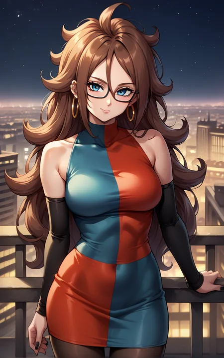 score_9, score_8_up, score_7_up, BREAK
HumanForm_Dress_Android21_ownwaifu, android 21,
1girl, big hair, blue eyes, brown hair, curly hair, glasses, hoop earrings, jewelry, long hair, spiked hair, hair between eyes, medium breasts, nail polish, black nails, black-framed eyewear, messy hair,
checkered dress, black sleeves, black pantyhose, short dress, blue dress, red dress, bare shoulders, detached sleeves, turtleneck dress, sleeveless dress, impossible clothes, elbow gloves, taut clothes, collarbone,
(standing, arm_support), railing, cityscape, night, city, city lights, scenery, starry sky, vanishing point, outdoors, <lora:PONYXL_Android21_DragonBall_ownwaifu:0.8> , depth of field, solo,