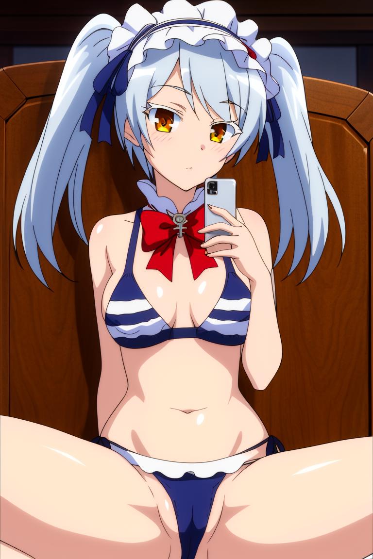 (masterpiece, best quality, high quality, highres, ultra-detailed),shape image, 1girl,solo,twintails,Selfie,show pussy,spread legs, looking at viewer,  long hair, brown eyes, (Leen's  bule bikini:1.3), <lora:leen_trian3:0.9>,red bow tie,library background ,