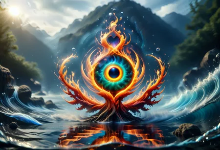 Harmonious fusion of elements, earth air fire earth and ether combined in a pentagonal shape in seamless integration, earth grounding and stable, water flowing and fluid, air swirling and free, fire vibrant and warm, united in perfect balance, elements intertwining gracefully, serene and dynamic, vibrant flames, coexistence of contrasts, nature's optimal quality, synergy of forces, essence of unity, balanced natural forces, peaceful coexistence, elemental harmony, timeless and eternal, highly detailed, masterpiece, 32k, UHD quality, pentangle, all of this inside the big cyclopic eye