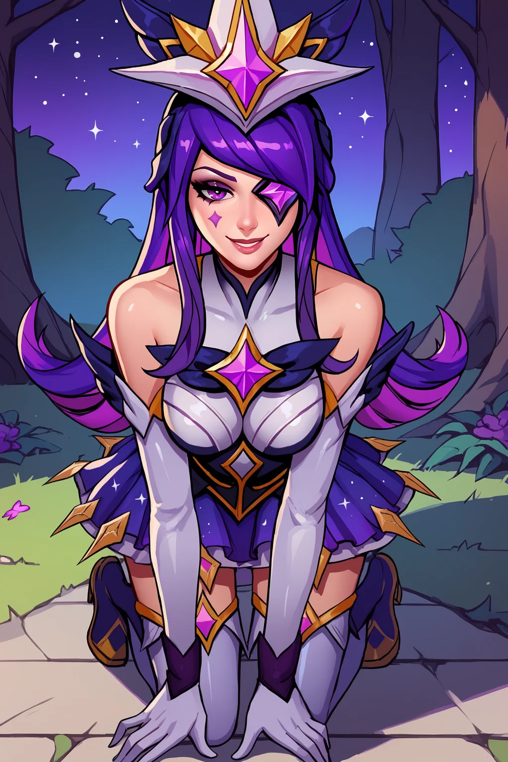 score_9, score_8_up, score_7_up, score_6_up, BREAK, SyndraSGXL, facial mark, purple eye, eyepatch, purple hair, long hair, sidelocks, bangs, hair ornament, medium breasts, star, (symbol), star guardian (league of legends), bare shoulders, purple dress, white elbow gloves, purple skirt, , white thighhighs, white boots, solo, all fours, seductive smile, looking at viewer, forest, tree  <lora:SyndraSGXL:0.9>