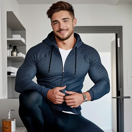 (highly detailed professional photograph involving a man), one man with (({1$$wearing wearing black zip-up hoodie and blue leggings with socks|wearing blue underwear|wearing a white v-neck shirt and jeans and sneakers})) ({1$$sitting|3::standing|standing in doorway|leaning against wall|leaning against doorway|leaning over|bent over|laying|crouching|kneeling}) {1$$strong|muscular|athletic|slim|}, {1$$|inside a simple bright modern bathroom|inside a simple modern bright living-room|inside a simple modern bright bedroom), Specular lighting,8K, global natural light, sharp focus, cinematic, 8k, nikon d750 f/2.8 55mm, crystal clear, ((intricate detail)), chiaroscuro, (smiling face:1.2), (long shot:1.2), (detailed skin), {1$$lucy pinder face|florence pugh face|Jennifer Lawrence face|orlando bloom face|Halsey face|Bella Thorn face},(body freckles:0.9), (sharp focus:1.2), depth of field, HDR, ({1$$dark|auburn|dirty-blonde|black} haired), <lora:jockstrap_v1:1> ruggedly handsome young man wearing a white jockstrap small bulge,