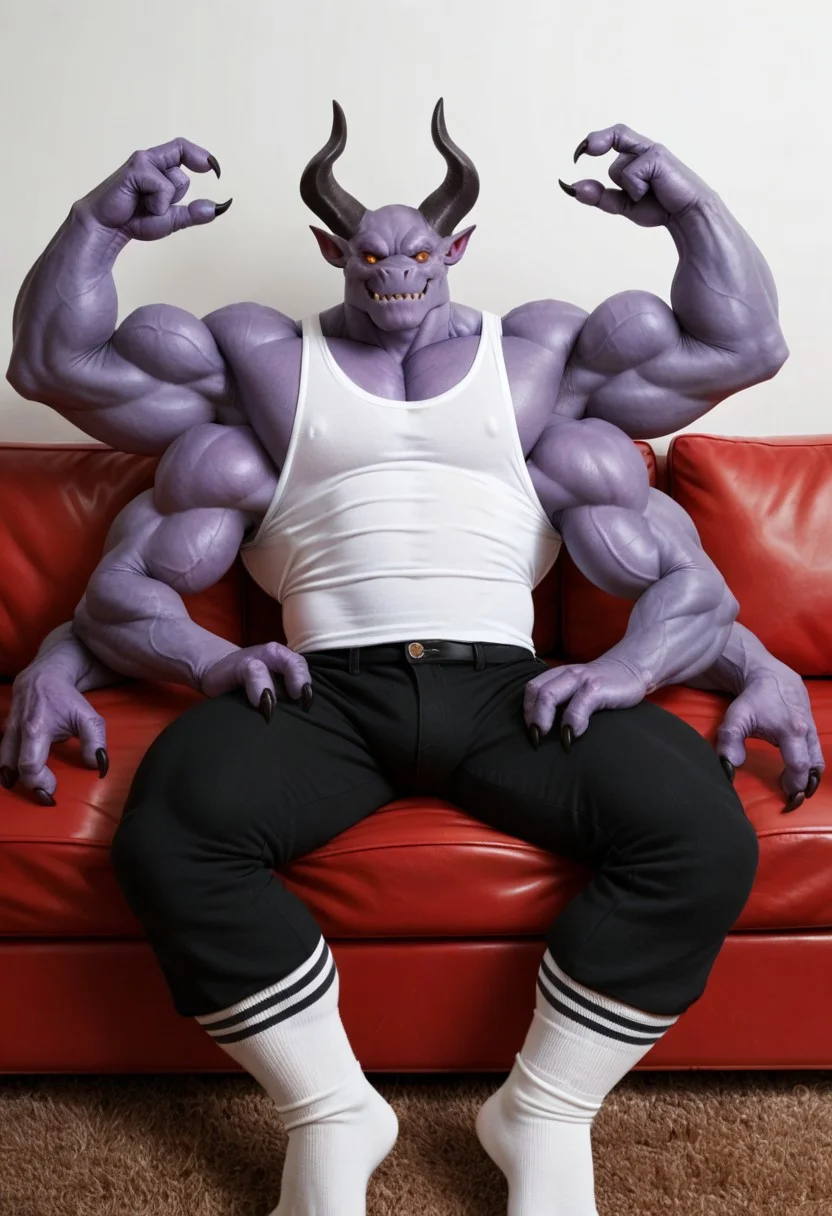 solo, male, huge muscles, demon, (((4 arms, four arms, 3 fingers))), tank-top, pants, socks, sitting on a couch, relaxing