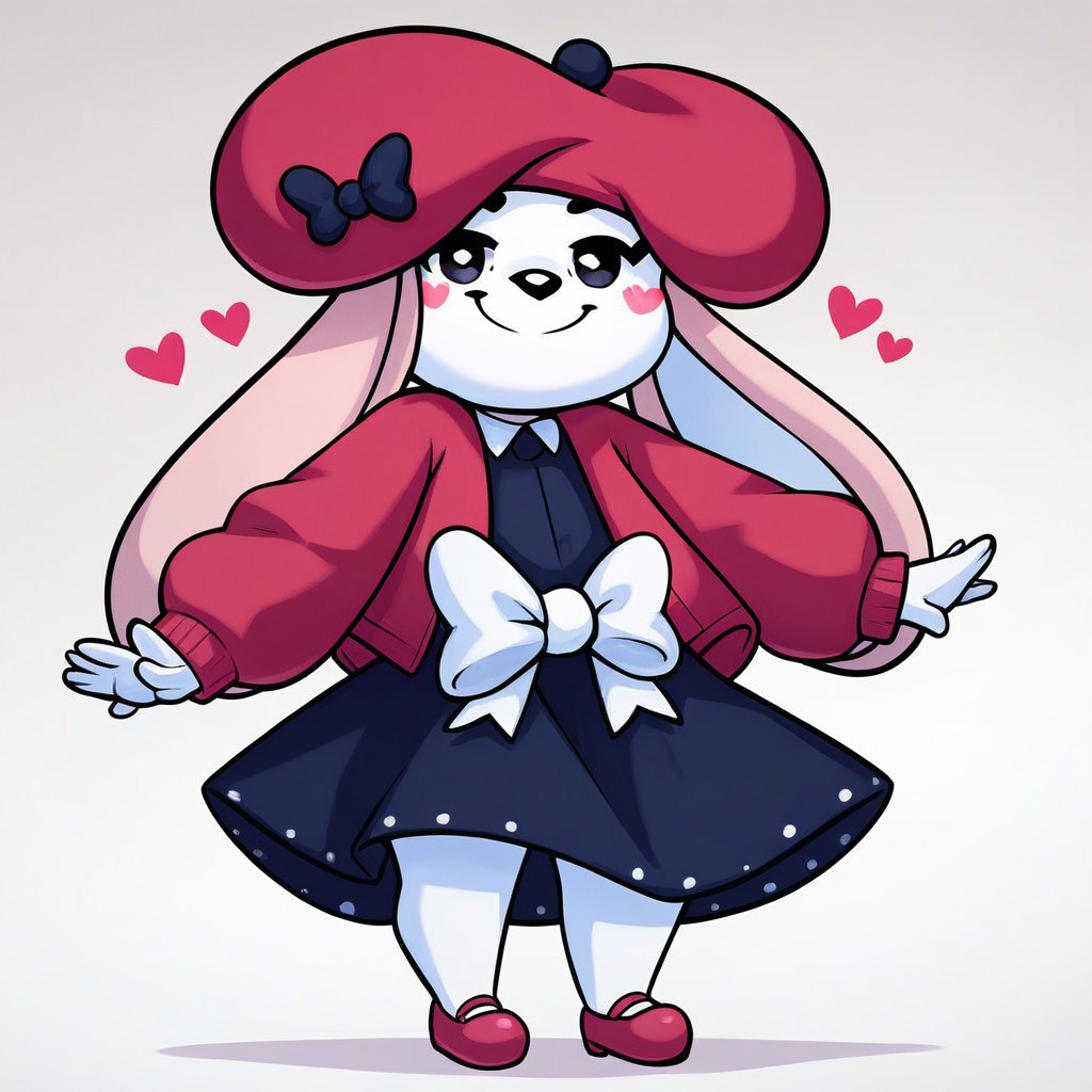 score_9, score_8_up, score_8, score_7, source_cartoon, source_furry, Rosianna_R, Solo, 1girl, anthro, furry female, bunny, rabbit girl, white fur, pink ears, rabbit ears, heart blush stickers, black eyes, black nose, red beret, red jacket, black collared dress, white waist bow, red mary janes, full body, looking at viewer, smile, standing, white background,