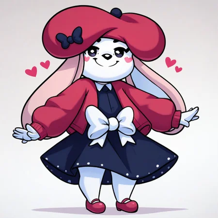 score_9, score_8_up, score_8, score_7, source_cartoon, source_furry, Rosianna_R, Solo, 1girl, anthro, furry female, bunny, rabbit girl, white fur, pink ears, rabbit ears, heart blush stickers, black eyes, black nose, red beret, red jacket, black collared dress, white waist bow, red mary janes, full body, looking at viewer, smile, standing, white background,
