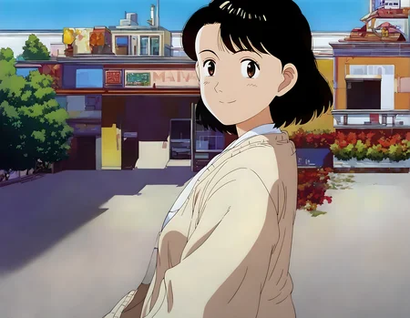 <lora:pony_xl_yawara>,yawara,score_9,source_anime,best quality,masterpiece,super fine illustration,1girl,solo,smile,happy,kind_smile,city,street,day,crystal clear blue sky,looking_at_viewer,cowboy_shot,looking_back,cardigan,hair_ribbon,