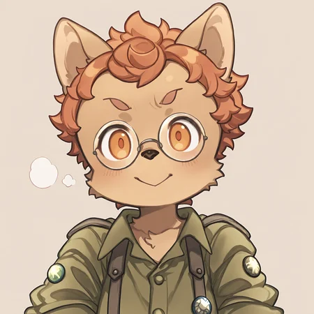 BREAK, <lora:Socks_Million_Illustrious_V1:1>, Socks Million, Fuga: Melodies of Steel, kemono, furry male, young male, 1boy, dog boy, cream fur, orange eyes, orange hair, black nose, animal ears, dog ears, pointy ears,
BREAK, Fuga 1 Outfit, suspenders, pins, green button-up, rolled up sleeves, glasses,
BREAK, solo, face focus, close-up, :>,