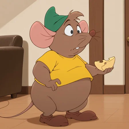 masterpiece, best quality, amazing quality, gusgus, male, furry male, solo, anthro, mouse, brown fur, short hair, black eyes, brown nose, whiskers, buck teeth, tail, chubby, green hat, yellow shirt, brown shoes, standing, holding cheese wedge, confused, indoors, living room