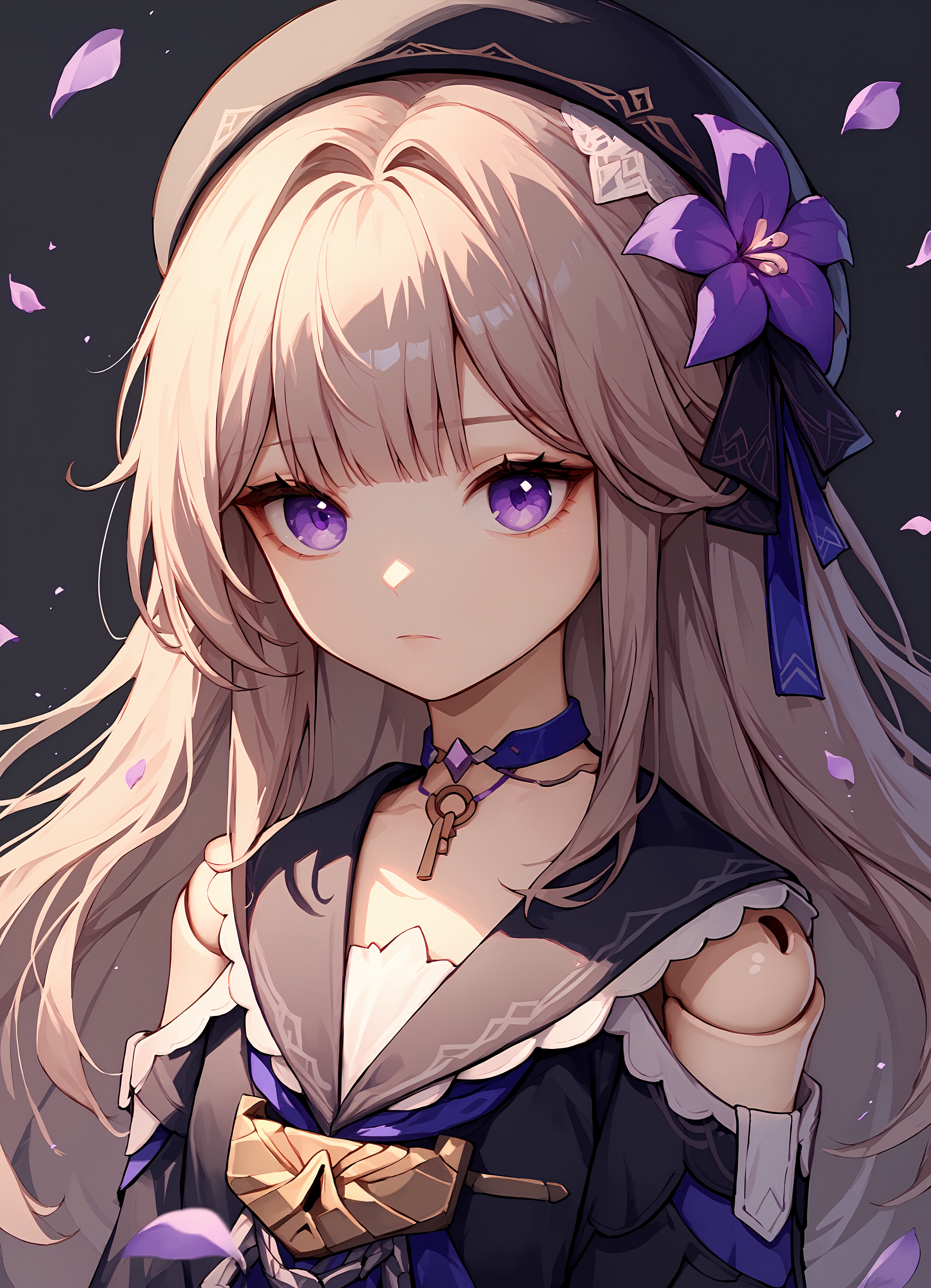 (score_9, score_8_up, score_7_up), 1girl, herta, doll joints, beret, purple choker, purple flower petals, closed mouth, simple background, <lora:herta-hsrPO-v2ar:0.9>
