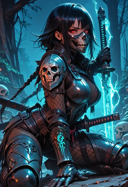(masterpiece), (best quality), (8k), 1girl, cinematic lighting, dynamic action pose, highres, very detailed, amazing quality, masterpiece,
very aesthetic, intense,
particle effect,
1girl, samurai, solo, braided hair, layered samurai armor, engraved, bodysuit, tight clothing, fishnets, sleeveless, futuristic armor, runic symbols etched in armor, armored legs, full mask, halfmask, katana, red eyes, skulls, 
assassin theme, japan theme,
looking at viewer, tough pose, holding spear,
mountains, 
at night, night, close up, closeup,