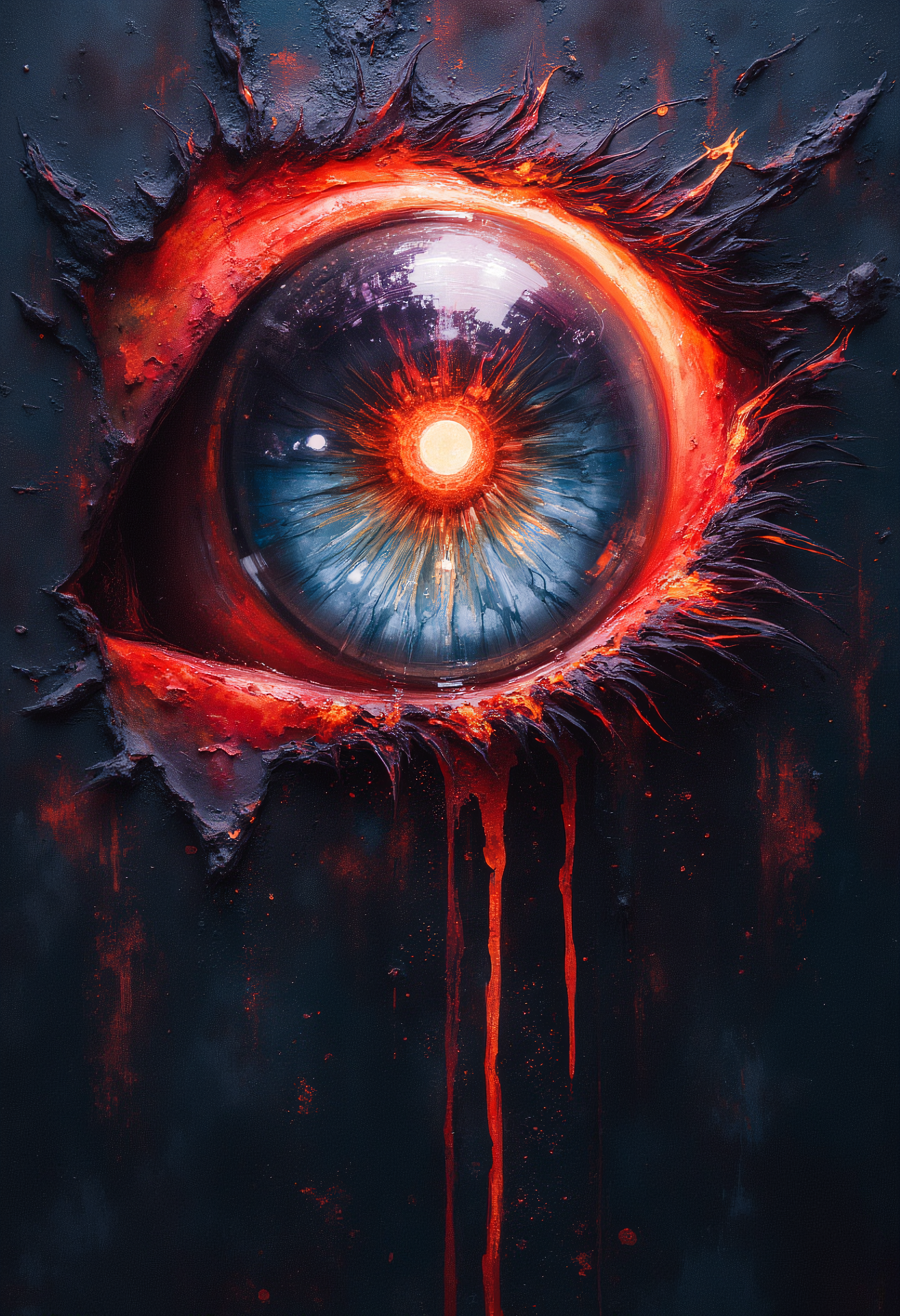 A mechanical eye, vibrant glow