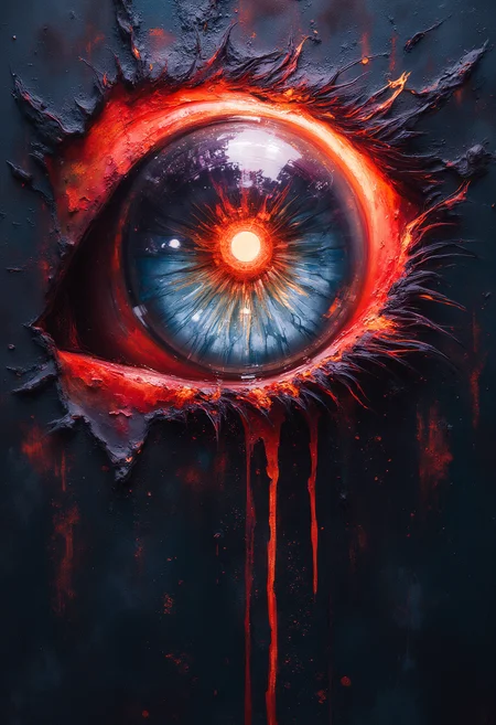 A mechanical eye, vibrant glow