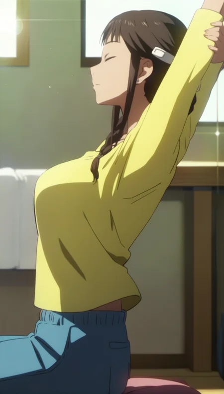 score_9,score_8_up,score_7_up,
<lora:MisatoSegawa:1>,
misato segawa,
1girl,solo,black hair,bangs,braid,white hairclip,closed eyes,yellow t-shirt,long sleeves,upper body,from side,sitting,stretching with arms raised,
blurry background,bloom,lens flare,vignetting,indoors,