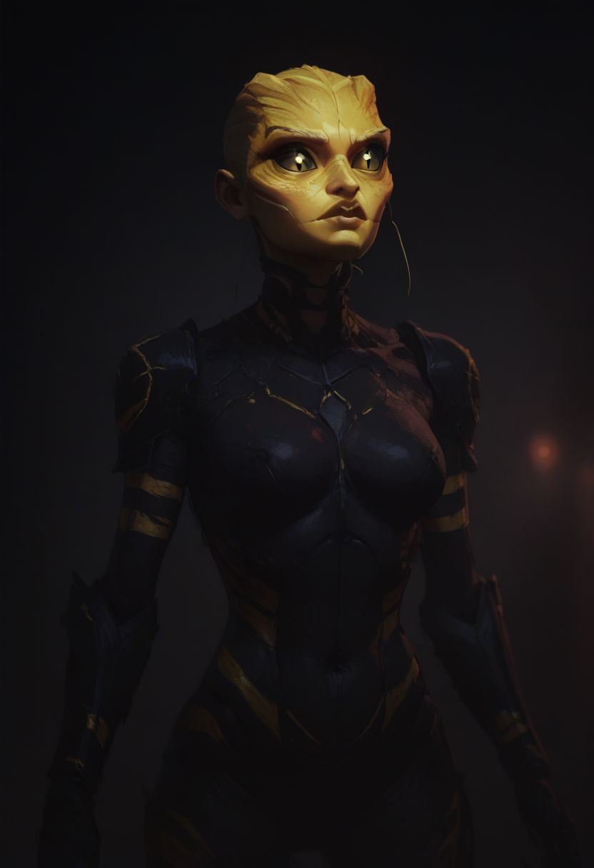 score_9, score_8_up, score_8_up, raw, Thri Kreen, colored sclera, beetle antennae, 2 pairs of hands, black eyes, (black chitin, yellow face chitin, yellow stripes:2), insect wings, white hair, black antennae, fur collar,  steel armor, fantasy background, blurred background, arthropod abdomen, arthropod, insect, insect hive background, blurry background, honey, dripping honey, gloden diffuse lighting, dark lighting, Dvorah, (cowboy shot:1.5),
BREAK, arcan3styl3v1, 43stl1ght1ng, low light, dramatic lighting, darkness, smoke, neon, spotlight, concept art, realistic, dark theme, low light,