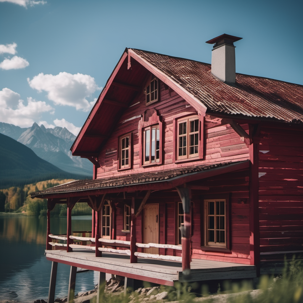 cinematic photo vista, archviz photo of  (wooden country house:1.3) by the river, roof unpainted wood, woodplank texture, painted red with weathered cracking flaking peeling paint, showing wood, background rocky mountains 
    <lora:Woodplank-SDXL:0.5> . 35mm photograph, film, bokeh, professional, 4k, highly detailed