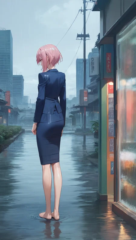 score_9,score_8_up,score_7_up,
<lora:yoshinokoharu:0.8>,
yoshinokoharu,
1girl,solo,
pink hair,short hair,bangs,
red eyes,looking down,furrowed brow,
blue blazer,white shirt,blue pencil skirt,wet hair,wet dress,
full body,standing,back view,
outdoors,cityscape,light particles,downtown,rain,after rain the sky looks blue,