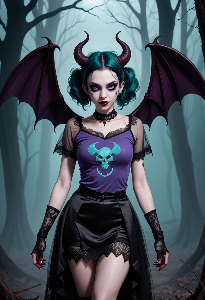 (medium full shot) of (captivating succubus with demonic horns, bat wings, demon tail) young woman, petite build, short dark pigtails hair, canadian, pale skin, turquoise eyes, wearing a violet modern t-shirt with occult symbols, lace skirt with gothic motifs, gothic heels, smoky eyeshadow blood-red lipstick, enchanted amulet silk gloves, set in  a dark forest, with twisted trees, dense fog, eerie silence, and mysterious shadows, during a full moon, woman smiling, ,Masterpiece,best quality, raw photo, realistic, very aesthetic