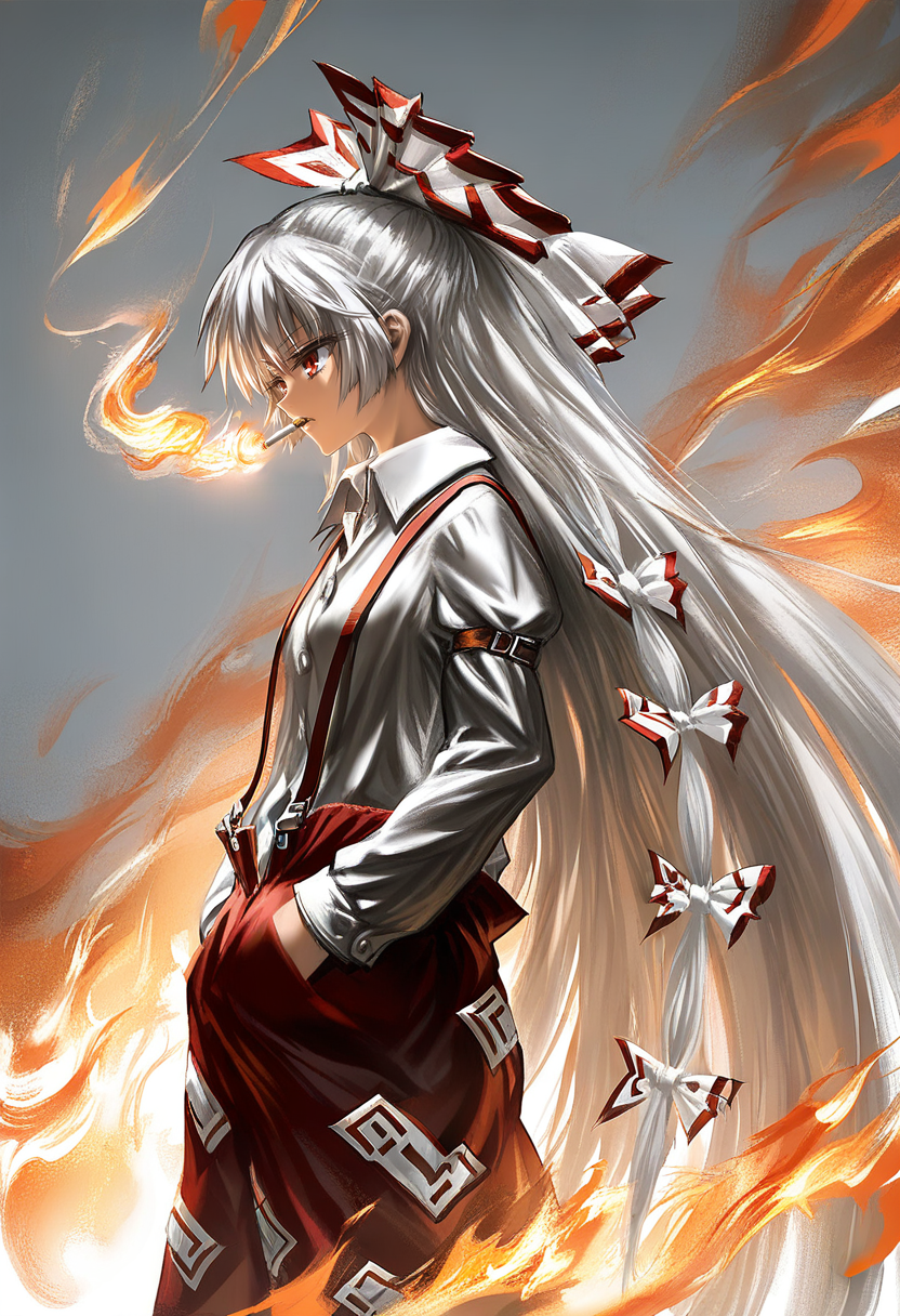 1girl, fujiwara no mokou, solo, long hair, fire, shirt, suspenders, red eyes, white shirt, pants, bow, hair bow, collared shirt, red pants, long sleeves, very long hair, hands in pockets, white bow, ofuda, cigarette, white hair, ofuda on clothes, from side, smoking, grey hair, sleeve garter <lora:YLXL_NBVP1_lokr_V6311P:0.95>