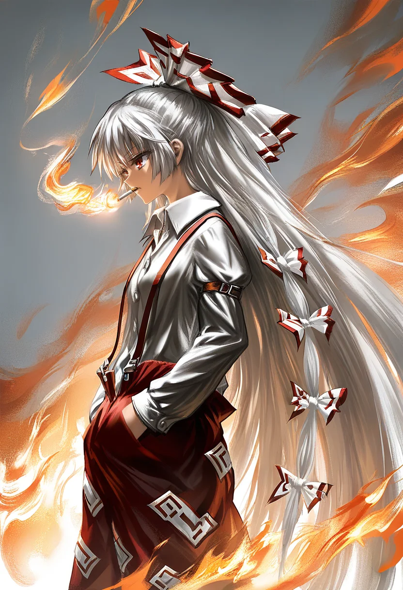 1girl, fujiwara no mokou, solo, long hair, fire, shirt, suspenders, red eyes, white shirt, pants, bow, hair bow, collared shirt, red pants, long sleeves, very long hair, hands in pockets, white bow, ofuda, cigarette, white hair, ofuda on clothes, from side, smoking, grey hair, sleeve garter <lora:YLXL_NBVP1_lokr_V6311P:0.95>