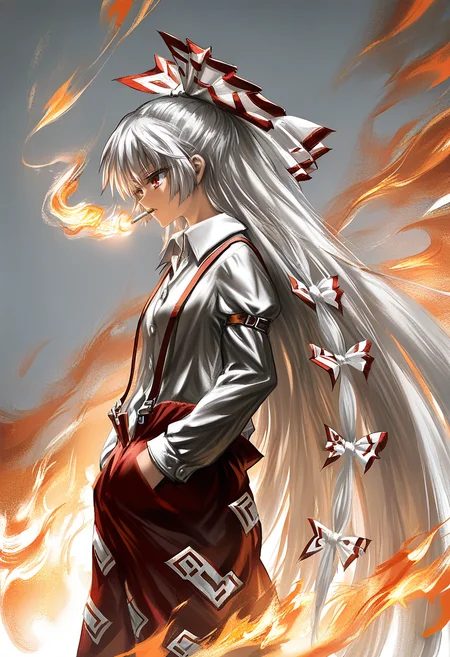1girl, fujiwara no mokou, solo, long hair, fire, shirt, suspenders, red eyes, white shirt, pants, bow, hair bow, collared shirt, red pants, long sleeves, very long hair, hands in pockets, white bow, ofuda, cigarette, white hair, ofuda on clothes, from side, smoking, grey hair, sleeve garter <lora:YLXL_NBVP1_lokr_V6311P:0.95>