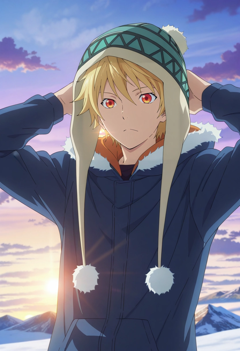 masterpiece, best quality, , anime screencap, anime coloring, official style, , 1boy, solo, male focus, <lora:yukine_noragami_ilxl:0.98>, yukine_noragami, blonde hair, red eyes, orange eyes, hood, fur trim, hat, mountain peak, cloud, sunlight, wind, snow, triumphant pose, sunrise, arms raised, victorious expression,