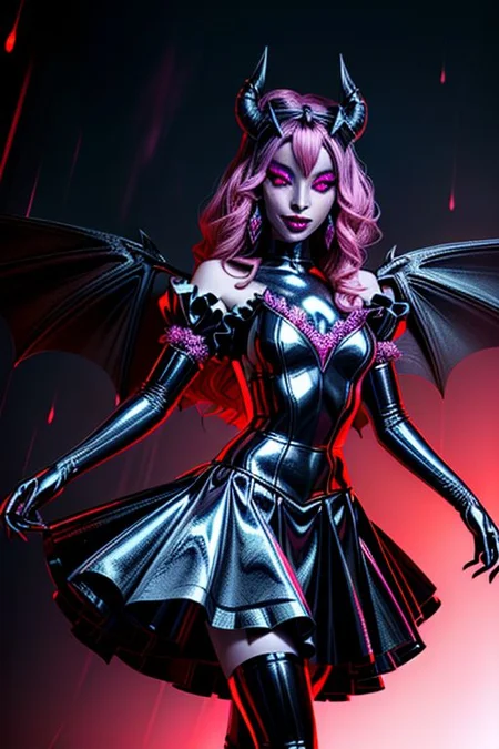 MEvil, DemonicT, EvlSM, Bad_End_Precure, DarkPrecure, adult, evil corrupted princess wearing dark pastel (ruffled:1) (gleaming latex:1) gown with (long latex cape:1) and latex elbow gauntlets, soft lighting, ruffles,
(makeup, lipstick, mascara, eyeshadow),
(blue skin, black sclera, colored sclera, colored skin, yellow eyes, demon wings, demon horns, slit pupils),
(red eyes, colored skin, glowing eyes, evil smile),
<lora:more_details:1>,