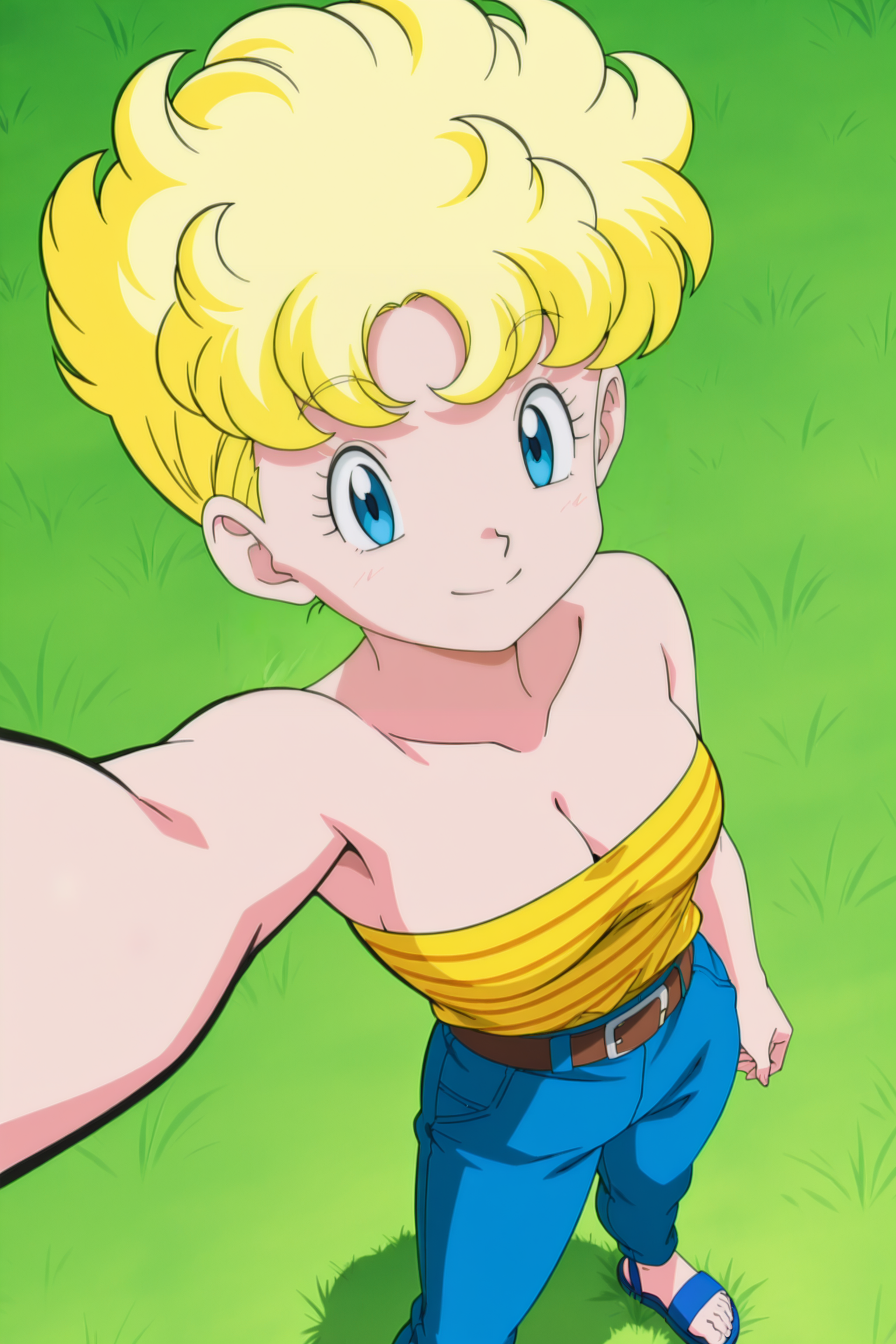 anime screencap, absurdres, high quality, official style, 
panchy, blonde hair, short hair, curly hair, blue eyes, shirt tucked in, tube top, striped shirt, cleavage, strapless, jeans, blue pants,striped, belt, pants, denim, sandals, blue footwear, selfie, from above, grass, 
 <lora:Panchy_IL:0.8>
