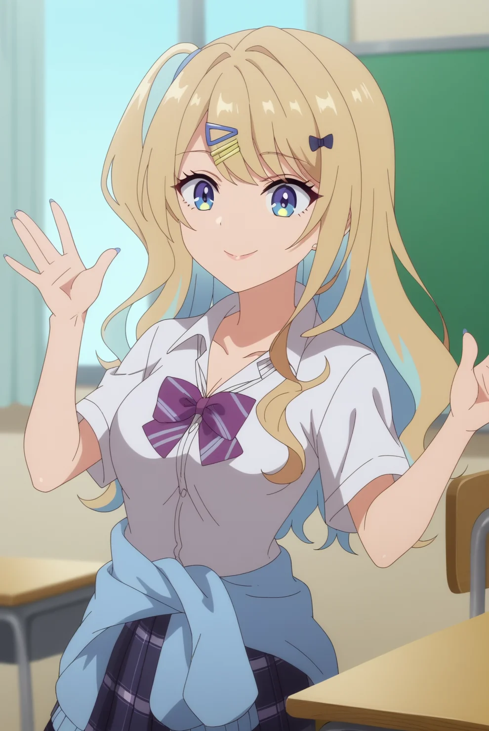 score_9, score_8_up, score_7_up, anime screencap,source_anime, anime coloring,anime screencap, consistent background, 1girl, shirakawa luna, solo, hair ornament blonde hair, hair clip, multicolored eyes, bow,, thighhighs, long hair, breasts, bow, shirt,, black thighhighs, hair ornament, white shirt, classroom, standing, checkerboard hairclip, cleavage, multicolored hair, school uniform, plaid skirt, gyaru, pleated skirt, medium breasts, clothes around waist, purple bow,blue nails, purple bowtie, hair bow, collared shirt, bowtie, waving, indoors, kogal, <lora:Shirakawa Luna_epoch_1.safetensors:0.8>