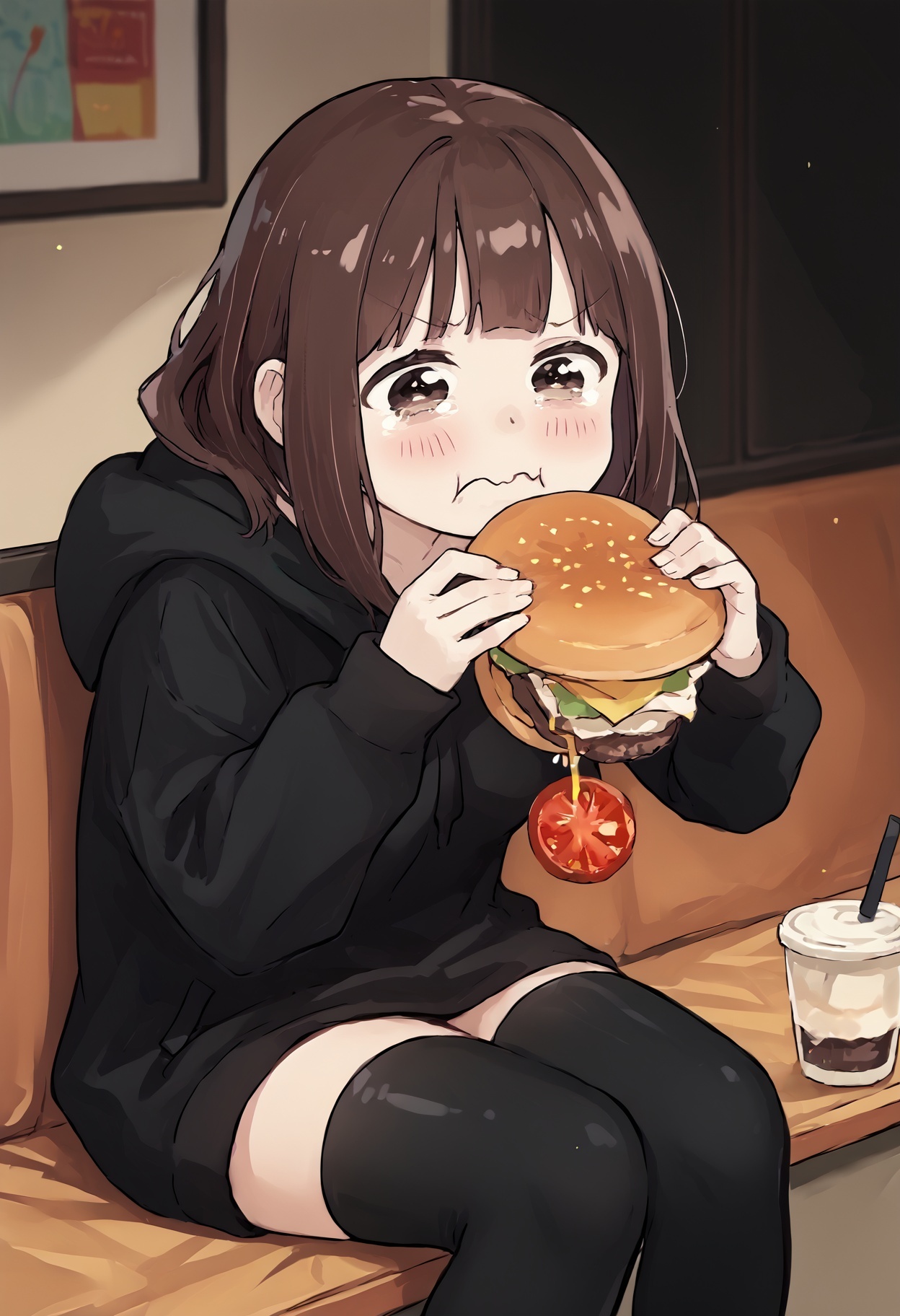 score_9,score_8_up,score_7_up, source_anime,
burger malfunction, aquascreaming, aquacrying, wavy mouth, closed mouth, tearing up, medium breasts, sitting, cafe, 
nanase kurumi \(menhera-chan\), brown hair, black hoodie, black thighhighs
 <lora:NanaseKurumi_Menhera-chan_XLPD:0.95>  <lora:Burger_Malfunction-PonyXL-1024px:1>   <lora:concept_aquacrying_ponyXL:0.8>