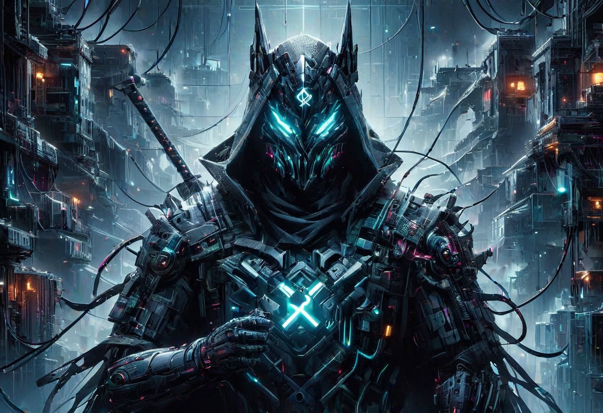 Techwear fashion (((Ultra-detailed, Hyper-realistic, 8k, highres, masterpiece))),(full length highly detailed intricate cyborg demonic-skeletal) (extremely tattered cloak),((highly detailed intricate tech body,vibrant colours,decaying parts, Intricate exposed wiring, exposed wires,exposed circuitry,electric glow)),((highly detailed cyber-skeletal head,signs of decay,exposed wiring, exposed wires,exposed circuitry,electric glowing eyes)),(((random pose))),in a highly detailed Labratory background with Test tubes,holographic screens,covered in pulsing electricity,cyber setting,cinematic,realistic,science fiction,dark colours,background light,<lora:add-detail-xl:1>,<lora:X:0.8>,<lora:cyberpunk:0.8>,tooimage,cyberpunk,futuristic city,<lora:Cyberpunk Kit By Cyberscap:0.8>, robot,cyberpunk,1girl, . Futuristic, cyberpunk, urban, tactical, sleek, dark, highly detailed