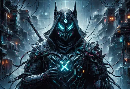 Techwear fashion (((Ultra-detailed, Hyper-realistic, 8k, highres, masterpiece))),(full length highly detailed intricate cyborg demonic-skeletal) (extremely tattered cloak),((highly detailed intricate tech body,vibrant colours,decaying parts, Intricate exposed wiring, exposed wires,exposed circuitry,electric glow)),((highly detailed cyber-skeletal head,signs of decay,exposed wiring, exposed wires,exposed circuitry,electric glowing eyes)),(((random pose))),in a highly detailed Labratory background with Test tubes,holographic screens,covered in pulsing electricity,cyber setting,cinematic,realistic,science fiction,dark colours,background light,<lora:add-detail-xl:1>,<lora:X:0.8>,<lora:cyberpunk:0.8>,tooimage,cyberpunk,futuristic city,<lora:Cyberpunk Kit By Cyberscap:0.8>, robot,cyberpunk,1girl, . Futuristic, cyberpunk, urban, tactical, sleek, dark, highly detailed
