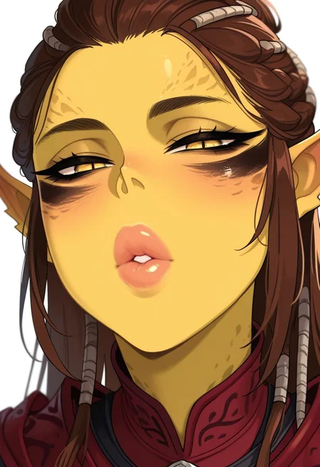 pov, incoming kiss, looking at viewer, puckered lips, thick lips, parted lips, half-closed eyes
masterpiece, best quality, absurdres, highres,
<lora:ILBGLaezel:1.0>
BGLaezel, 1girl, brown hair, long hair, yellow green skin, yellow eyes, pointy ears, detil lips, glossy lips,, looking at viewer, portrait