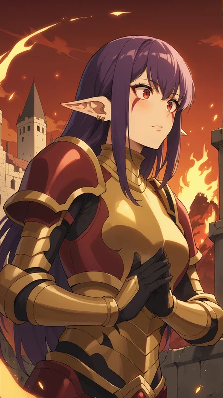 score_9,score_8_up,score_7_up,score_6_up, source_anime, girl, dynamic pose, resting head on hands <lora:Esil Radiru - Pony-000004:0.8>, esil_radiru_sl, long hair, purple hair, bangs, red eyes, facial markings, pointy ears, earrings, gold armor, red armor, multicolored armor, black gloves, high collar, castle, ruins, red sky, flames, destruction,