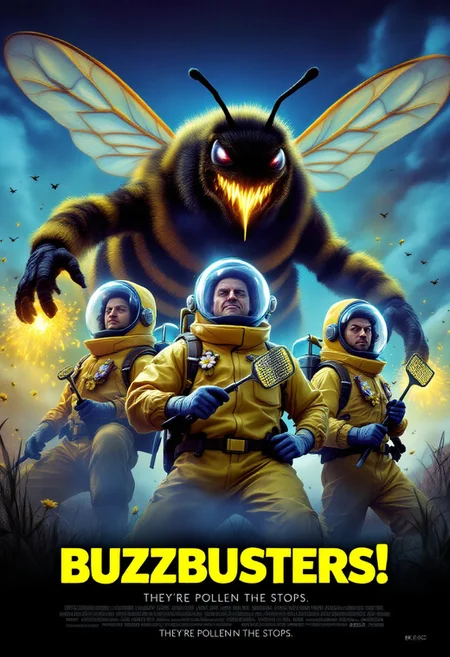 Retro movie poster style, comedic parody. Three exterminators in hazmat suits modified with mesh face guards, flower-patterned proton packs, flyswatters as weapons. Giant angry cartoon bee looming menacingly in background sky. Heroes striking classic Ghostbusters.
Movie title: "BUZZBUSTERS!" in bold yellow text, appearing to be made of honey. Tagline below: "They're pollen all the stops!"
Comic book style shading, exaggerated proportions, 8K resolution, high detail on bees. mvpstrCE style