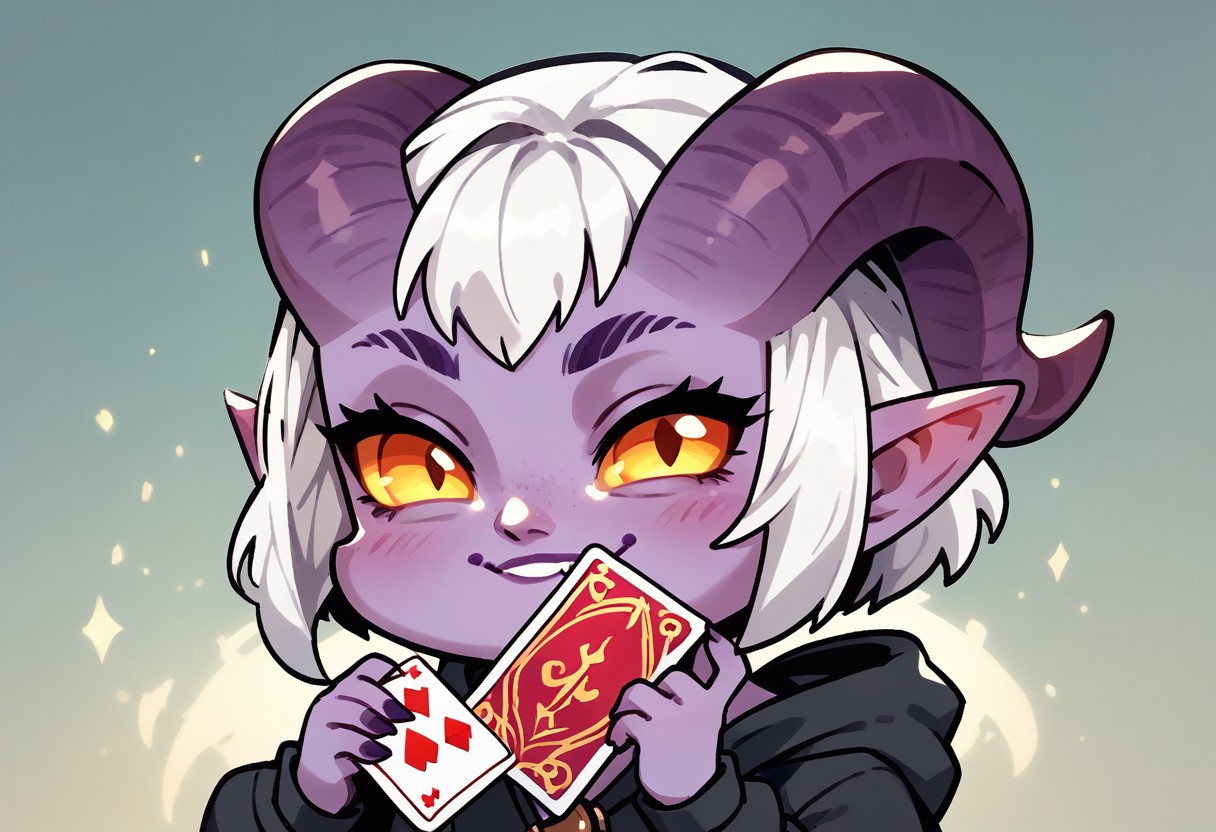 score_9_up, score_8_up, score_7_up, chibi, cute mischievous purple demon girl, holding a card, seducing smile, devious, white hair, tiefling purple skin, demon horns, upper body, dvs, mythp0rt