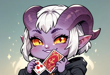 score_9_up, score_8_up, score_7_up, chibi, cute mischievous purple demon girl, holding a card, seducing smile, devious, white hair, tiefling purple skin, demon horns, upper body, dvs, mythp0rt