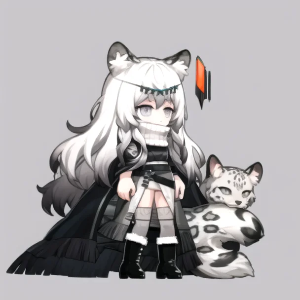 <lora:AKTEST-06:1>,<lora:pramanixArknights_v2:1>, animal ears, leopard ears, grey eyes, white hair, very long hair,turtleneck, black cape, white dress, pelvic curtain, grey thighhighs, hip vent, black boots, fur-trimmed boots, chibi, full body,standing