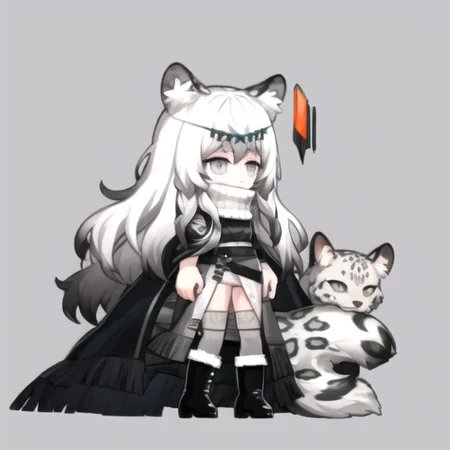 <lora:AKTEST-06:1>,<lora:pramanixArknights_v2:1>, animal ears, leopard ears, grey eyes, white hair, very long hair,turtleneck, black cape, white dress, pelvic curtain, grey thighhighs, hip vent, black boots, fur-trimmed boots, chibi, full body,standing