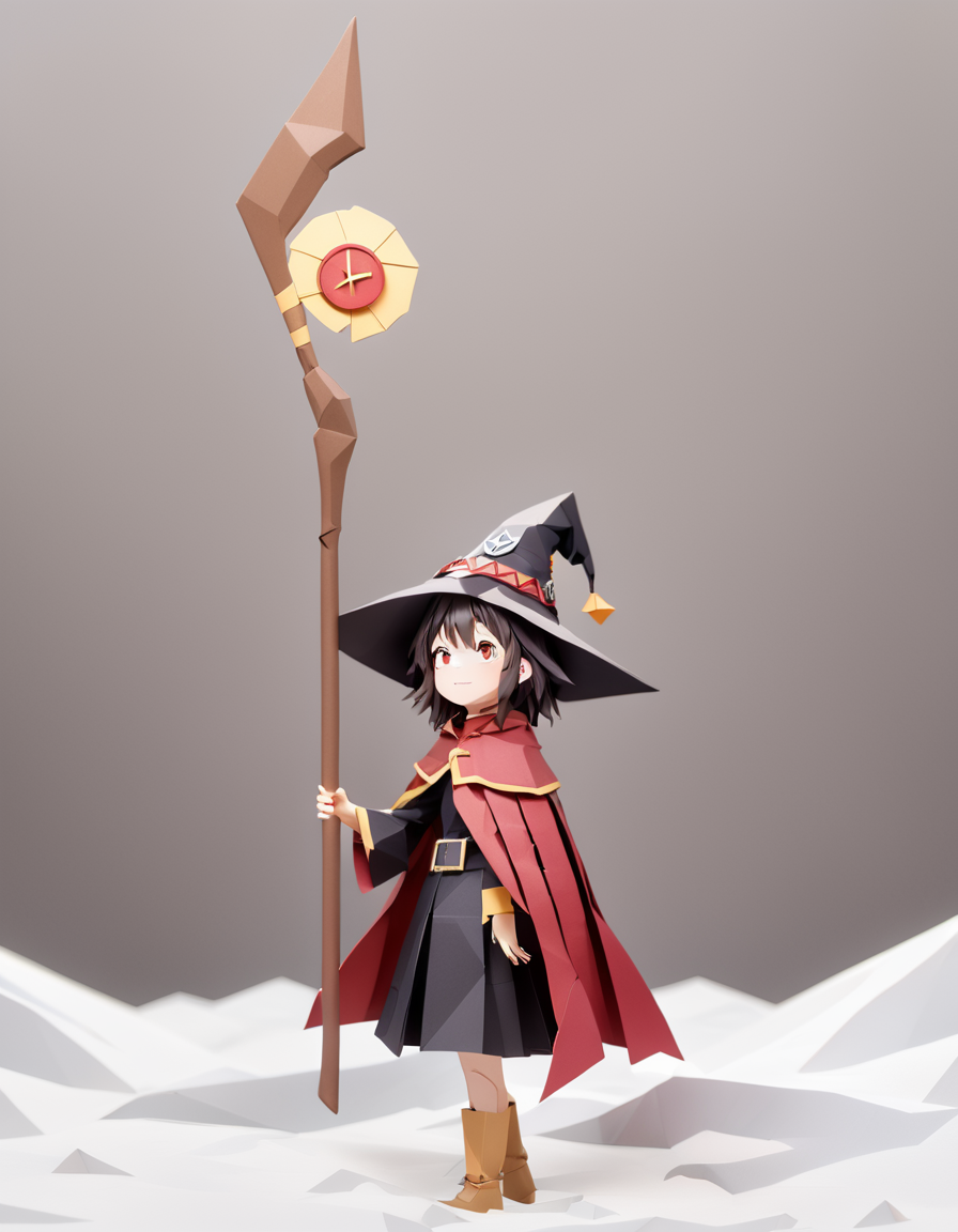 origami style 1girl megumin, witch hat, cape, staff, from the side, blushing  ,
inside Victorian Cottage in Bog, Snowy blizzard Weather Sunny sky at Noonday
<lora:MeguminXL_v2.5:1>, <lora:SDXL - Wrong:1>, ZIP2D . paper art, pleated paper, folded, origami art, pleats, cut and fold, centered composition