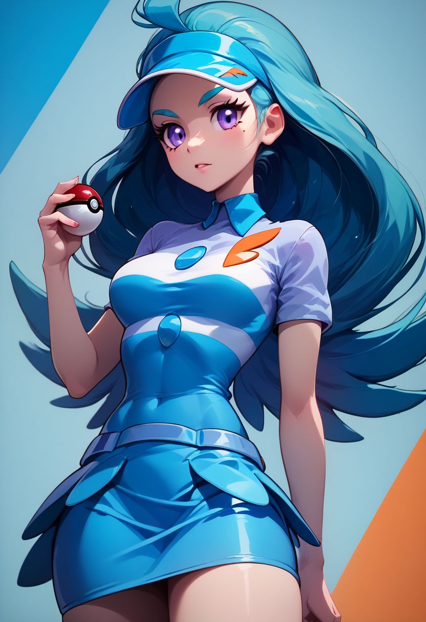 score_9, score_8_up, score_8, big breasts, (curvy), cute, eyelashes, 
(holding pokeball),
BREAK, 
zzKahili, 1girl, solo, aqua hair, purple eyes, short sleeves, striped shirt, collared shirt, miniskirt, blue skirt, kneehighs, blue headwear, visor cap,
BREAK,,  zPDXL,
