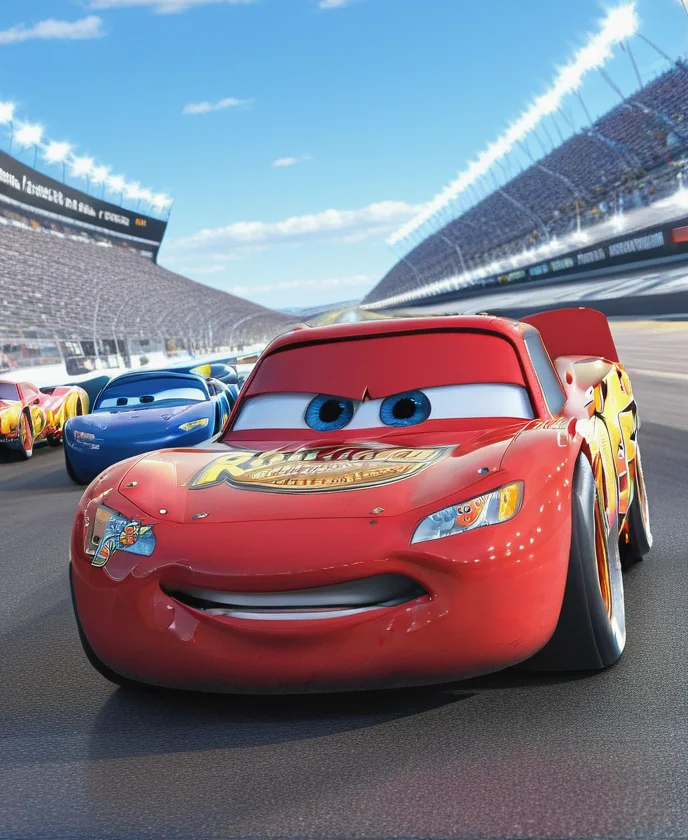 <lora:Lightning_McQueen:0.8>,lightning_mcqueen,racing stadium,blue sky,sunny day,hot day,hot tarmac,detailed eyes,highly detailed,photography,ultra sharp,film,bokeh,professional,4k,highly detailed, 35mm, award-winning photo,