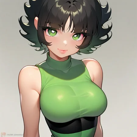 masterpiece, best quality, girl, solo, buttercup (powerpuff girls), black hair, green eyes, short hair, looking at viewer, breasts, standing, upper body,,