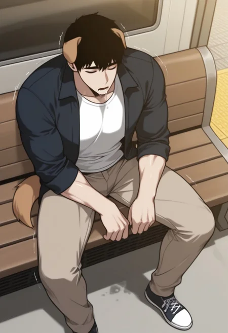 masterpiece, best quality, amazing quality, very aesthetic, absurdres, newest, detailed background, warm natural lighting, lively and bustling atmosphere, background details visible, shiny skin, indoor, train station, chinese background, 
hyunsunglee, 1boy, solo, male focus, short hair, sleeping, muscle body, t-shirt, blazer, brown pants, sneaker, saliva, sitting on bench, motion lines, twitching, ((dog ear:1.2), (dog tail:1.2), domestic dog)