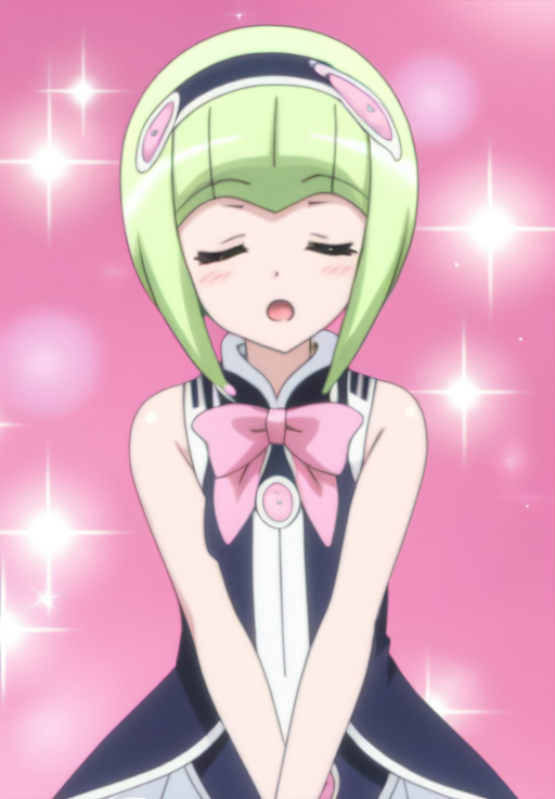 <lora:Francesca:0.8>, Francesca, 1girl, solo, blush, open mouth, bangs, bare shoulders, closed eyes, sleeveless, sparkle, parody, pink background