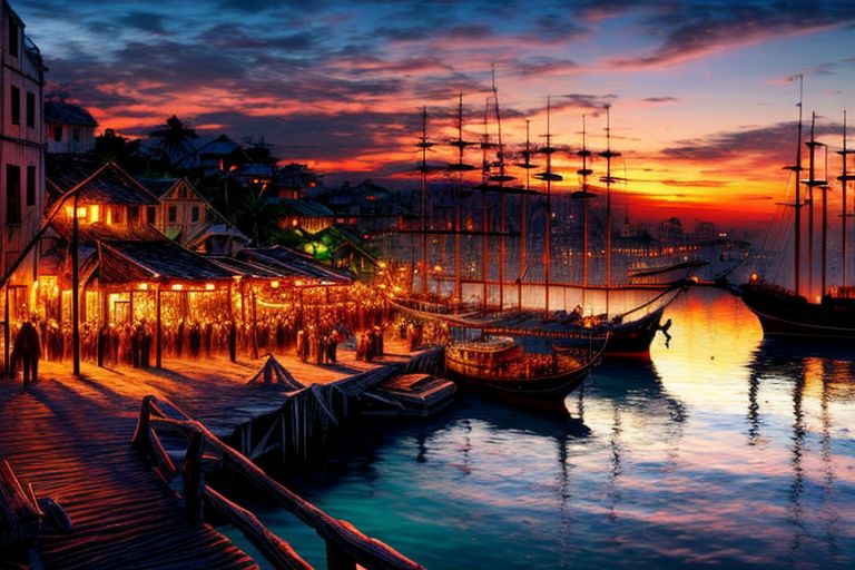 (masterpiece:1.2), (best quality,:1.2), 8k, HDR, ultra detailed, ((photorealistic)), perfect anatomy, professional light, cinematic lighting, fashion photography, ambient lighting, pire, ships, pier outside a tavern over looking a busy harbor in the caribbean, colorful sunset