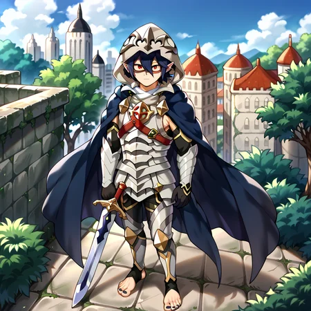 masterpiece, best quality, sharp aliasing, highly detailed, Quality, High Definition, Full Body View, <lora:EPfeCorrinPony:1>EPfeCorrin, blue cape, armour, black gloves, full gloves, black pants, wearing pants, outdoors, day, stone ground, tree, bush, buildings, barefoot, toeless legwear, armoured legwear, stirrup legwear, 5 toes <lora:Amajiki_Tamaki__Pony:1>Tamaki Amajiki, pointy ears, red eyes, dark blue hair, hair between eyes, hood, mask, male, male body, solo, 1male sword, standing <lora:feet_anime_pony_v2:1>feet, dark blue toenails