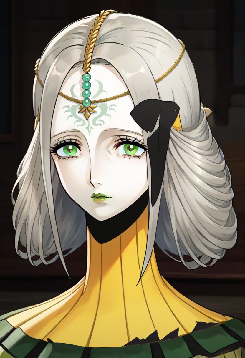 source_anime, 1girl, white skin, grey hair, forehead tattoo, green eyes, green lips, hair decoration, head chain, wrinckles, high yellow collar, medieval dress, white and green dress,<lora:Joanna_-_Metaphor_ReFantazio_-_Pony:1>