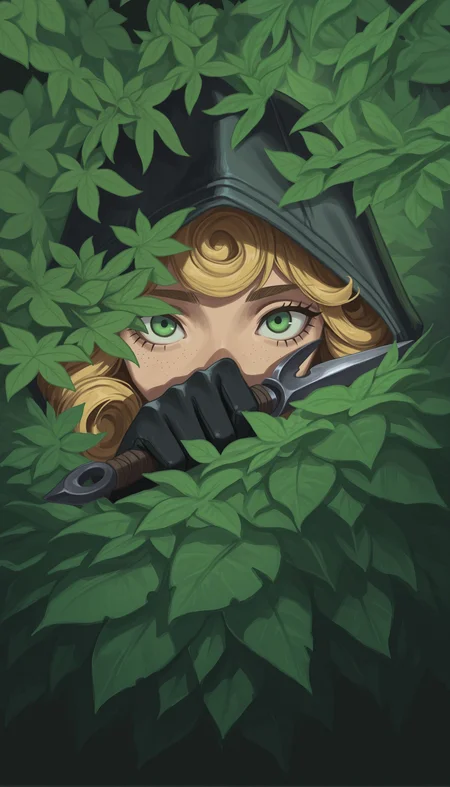 <lora:flhours_ill:1>, <lora:NOOB_EPSv1_1_detailer_by_vlnvk_v1_0:0.9>, close-up face portrait, fantasy style,
1girl, frustrated, nervous, green_eyes, blonde curly hair, stalking in bush, big leaves covering face,
rogue gear, cloak, hood up, black rogue suit, holding dagger, (dagger covering face:1.3),
chiaroscuro, crack_of_light, masterpiece, best quality, amazing quality, very aesthetic, high resolution, very awa, face focus, looking_at_viewer,
bush, leaves, shadows,