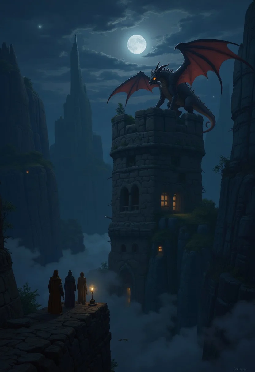 A fantasy scene of a group of adventurers standing on a narrow path along the edge of a deep chasm. The path leads to a ruined tower, on top of which perches a large, menacing dragon with red wings. The dragon's eyes glow with a menacing orange light. The adventurers are silhouetted against the dark sky, with the moon casting a soft glow on the scene. The chasm is filled with dark, swirling mist. The overall atmosphere is one of danger and adventure, with the image suggesting an epic confrontation between the adventurers and the fearsome dragon.